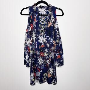Parker Anastasia Dress Blue Floral Print XS Cold Shoulder Long Sleeve Cocktail